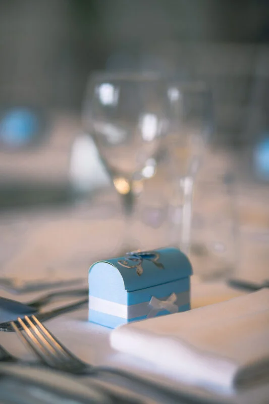 A blue box on a table.