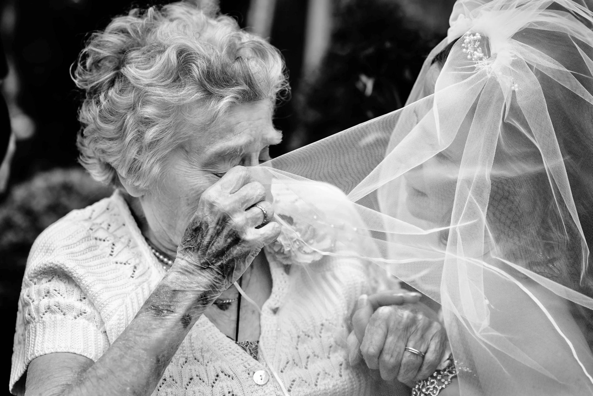 A bride is kissing her grandmother's face at a London wedding. (listing)