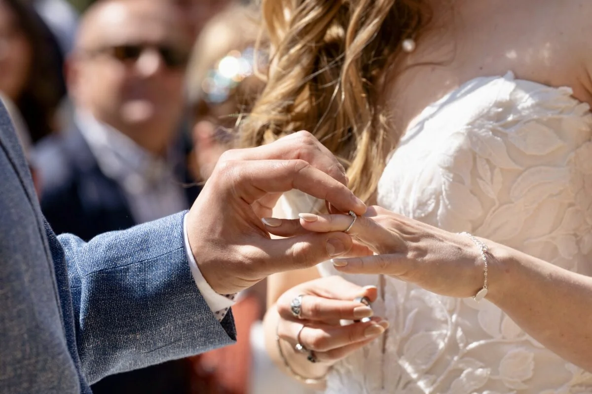 A bride and groom putting their wedding rings on.