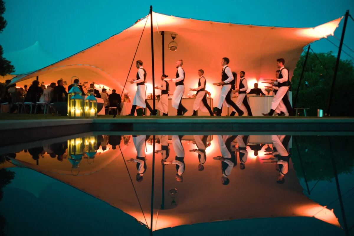 A large tent in the middle of a pool.
