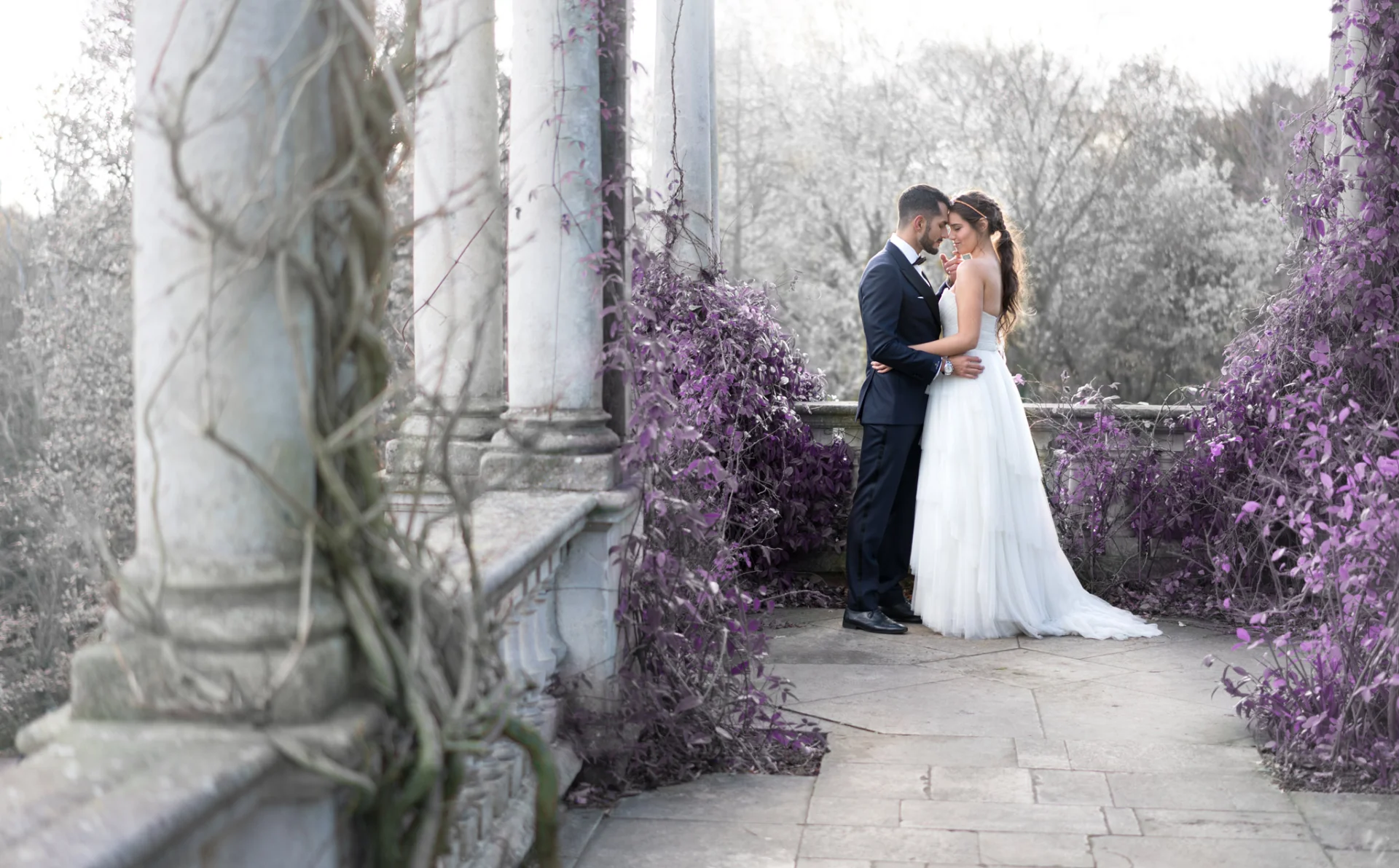 A bride and groom are posing in front of purple flowers, creating fairytale wedding photography. (listing)