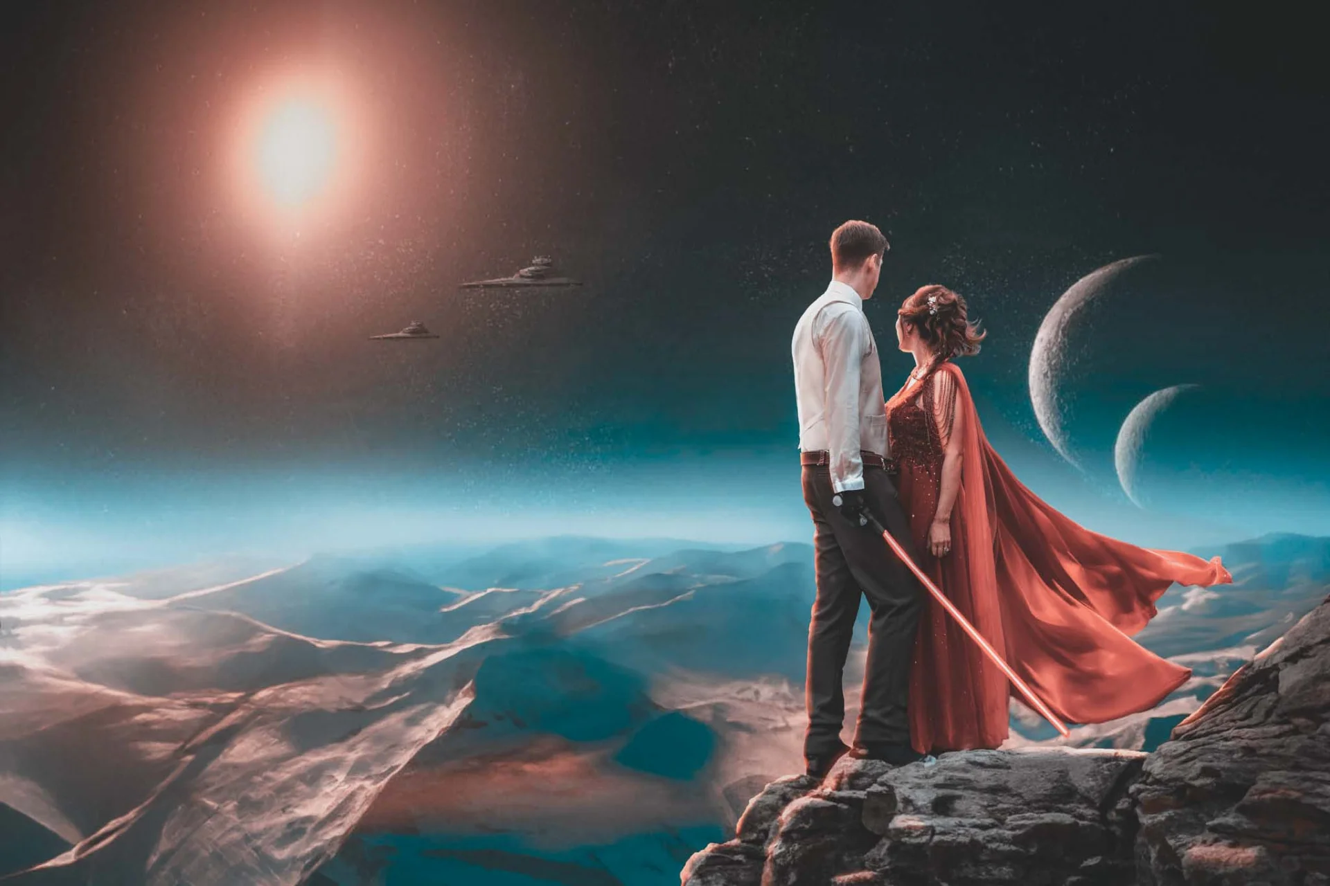A couple standing on top of a mountain with a spaceship in the background captured in fairytale wedding photography. (listing)