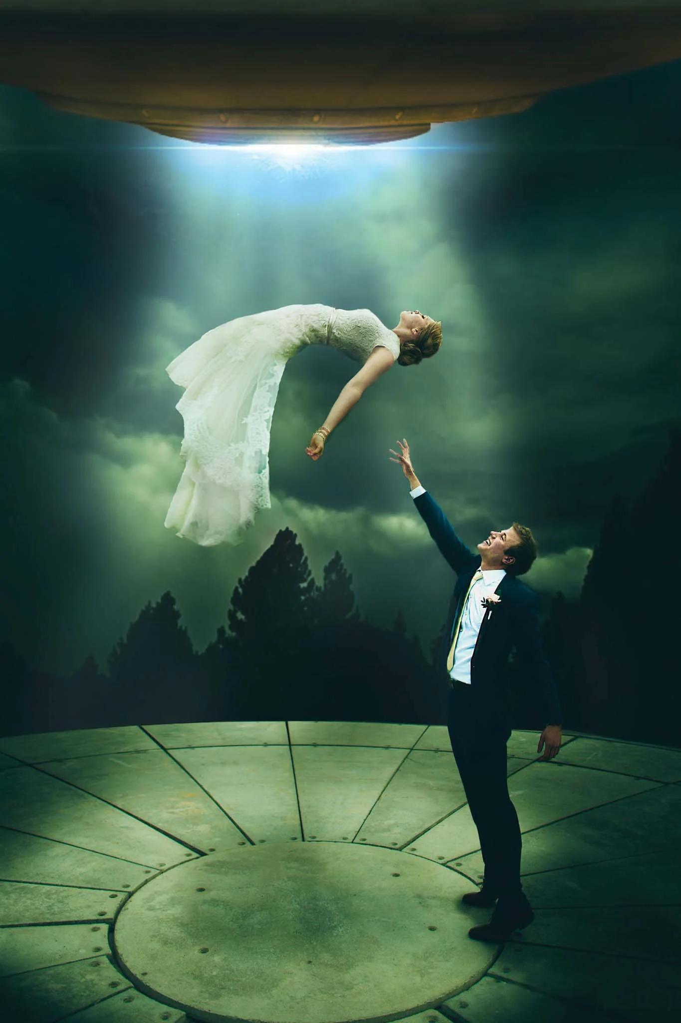Fairytale wedding photography of a man and woman flying in wedding attire. (listing)