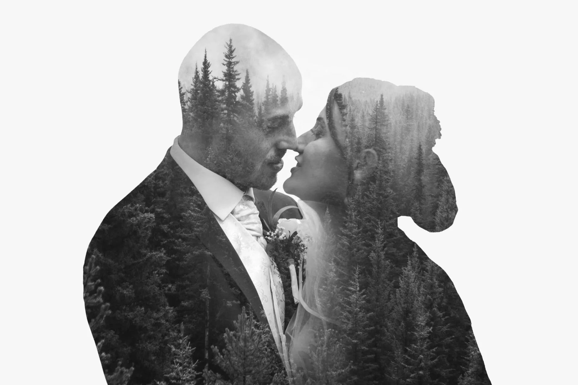 Fairytale-like black and white wedding photography capturing a couple kissing in the forest. (listing)