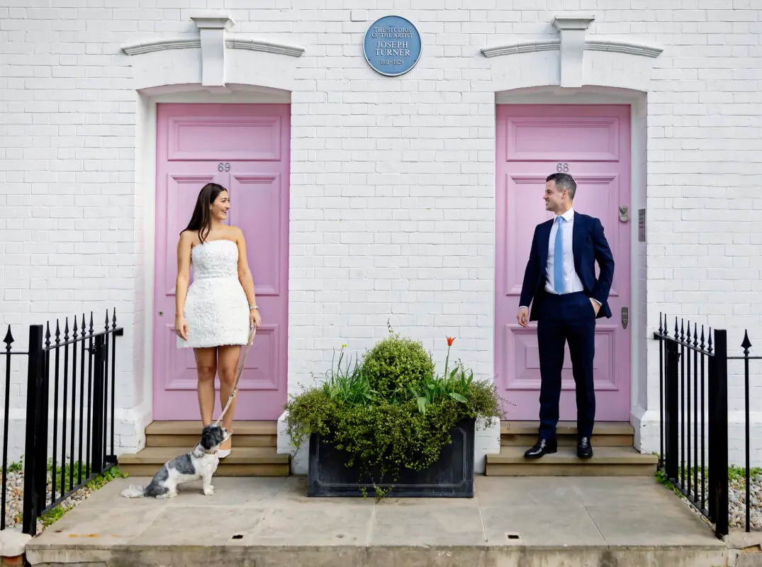 Chelsea-Old-Town-Hall-Wedding-couple-by-pink-doors