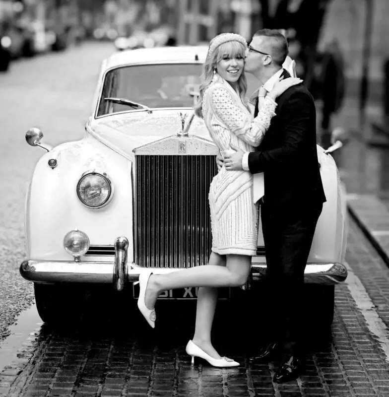 Bride-and-groom-and-wedding-car-by-Chelsea-Old-Town-Hall