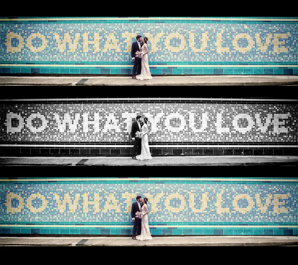 Do-what-you-love-Islington-wedding-couple-by-wall (listing)