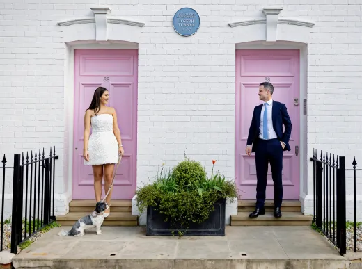 Chelsea-Old-Town-Hall-Wedding-couple-by-pink-doors