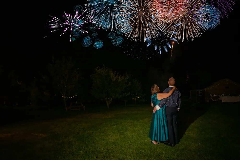 A couple embracing in front of a firework display.