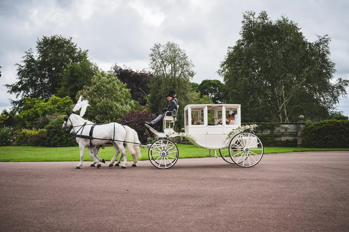 A bride and groom riding in a horse drawn carriage.