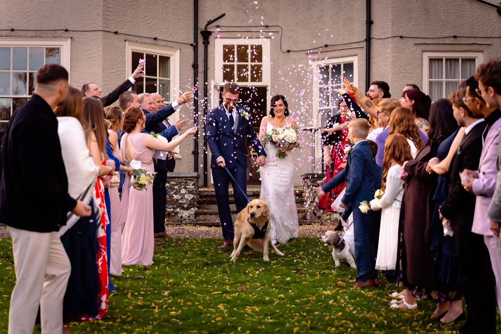 Newlyweds walk out of a manor house through a shower of confetti flanked by cheering guests while their golden retriever excitedly leads the way on a leash.