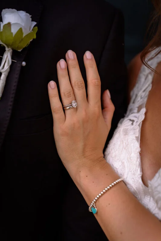 A wedding ring on a bride's hand.
