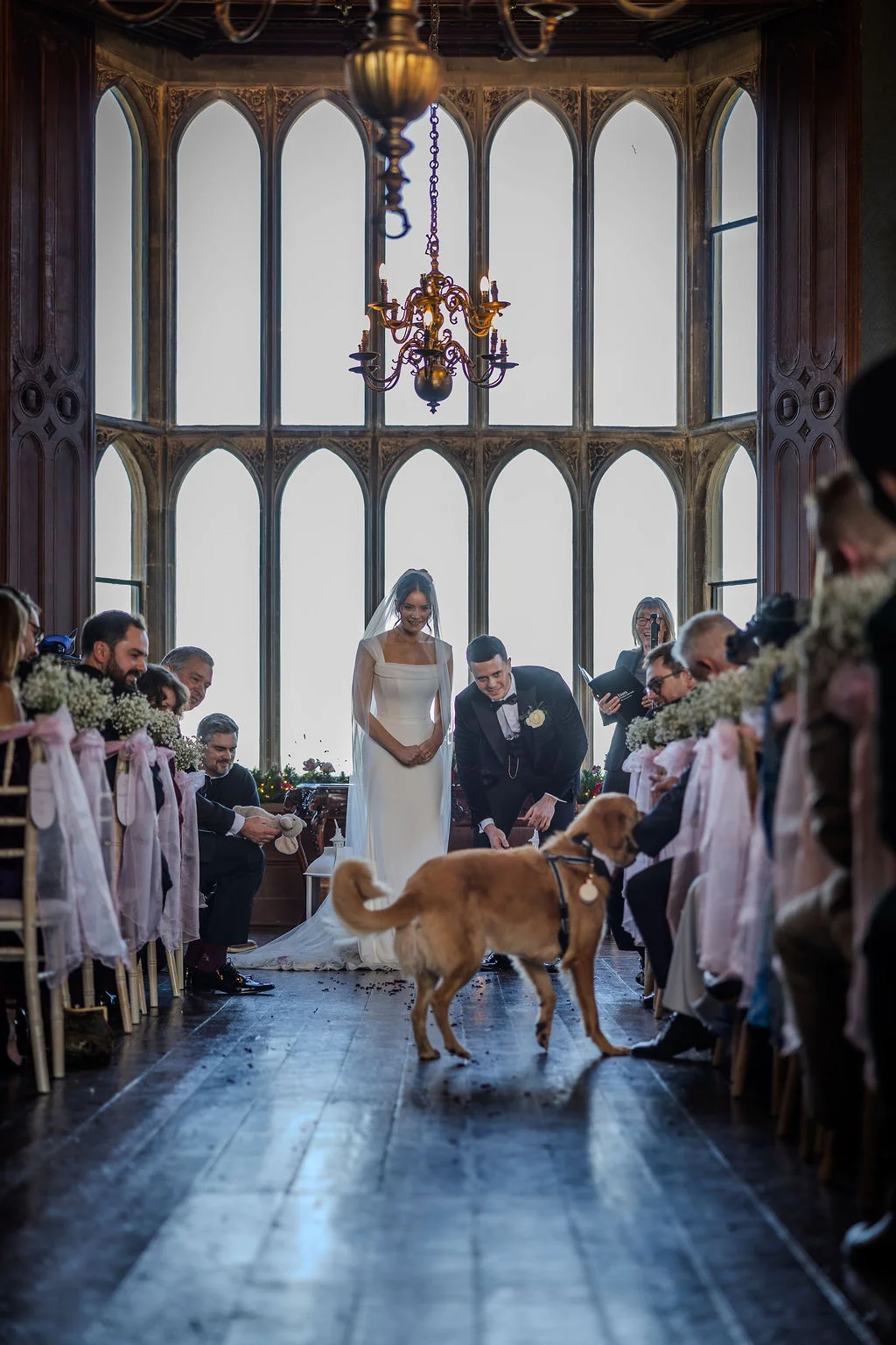 A bride and groom stand at the end of the aisle in a grand historic hall featuring tall arched windows, while a golden dog walks down the wooden floorboards towards the guests.