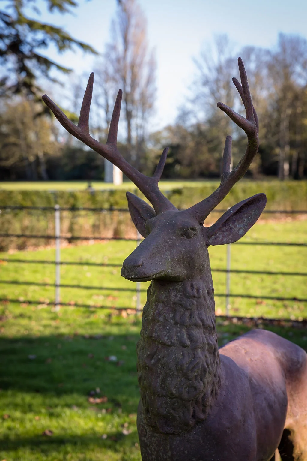A rustic metal stag statue stands on a manicured lawn outside a country house wedding venue.