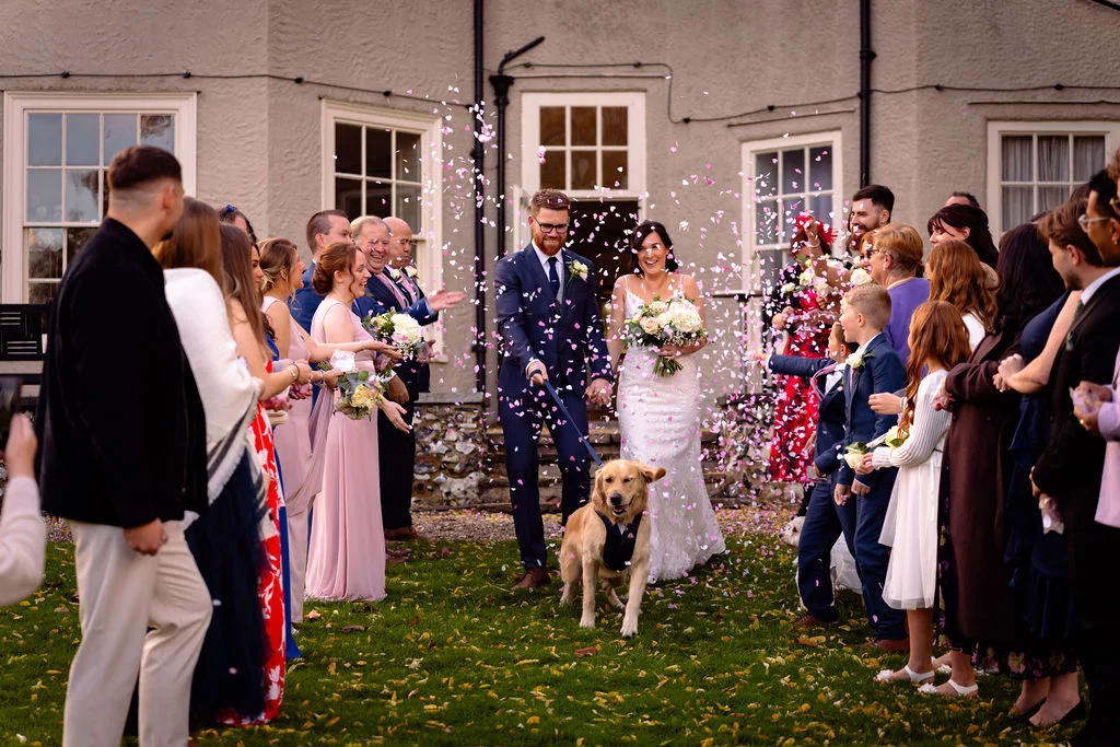 Newlyweds walk through a shower of confetti outside a country house while holding a golden retriever on a lead, surrounded by cheering guests.