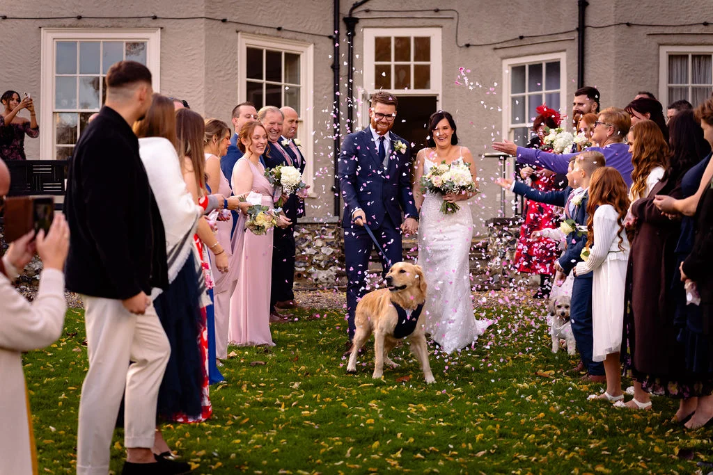Newlyweds walk hand in hand through a joyful shower of confetti outside a country house, accompanied by their golden retriever.