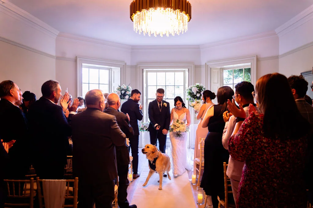 Newlyweds walk down the aisle together with their golden retriever wearing a bow tie, as guests cheer in a bright hotel venue.