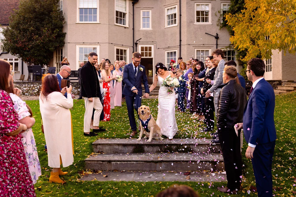Newlyweds walk down stone steps from a country house while guests throw confetti, accompanied by their golden retriever wearing a blue bow tie.