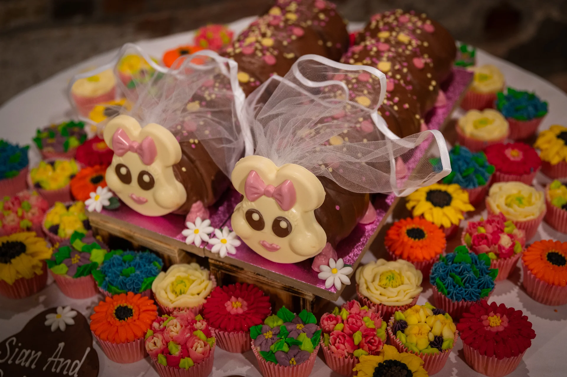 An array of colourful cupcakes and two novelty chocolate caterpillar cakes adorned with mini bridal veils are displayed on a dessert table.