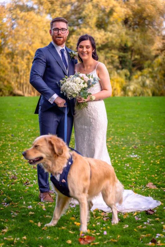 A smiling bride and groom stand outdoors on a lush green lawn holding a leash for their golden retriever dog wearing a blue harness, surrounded by autumn foliage.