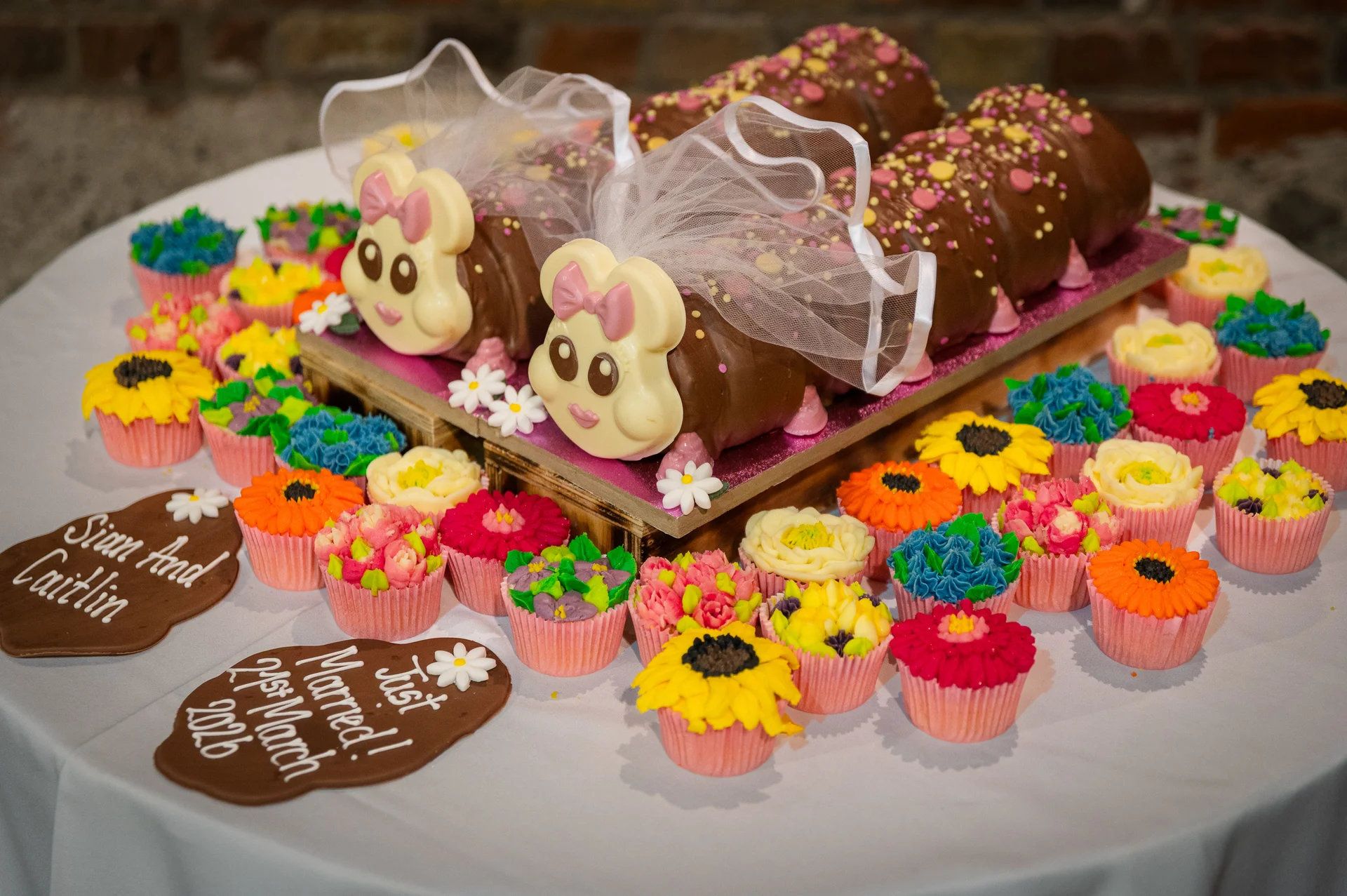 Two chocolate caterpillar cakes wearing miniature veils sit atop a wooden display surrounded by a vibrant array of decorated wedding cupcakes.