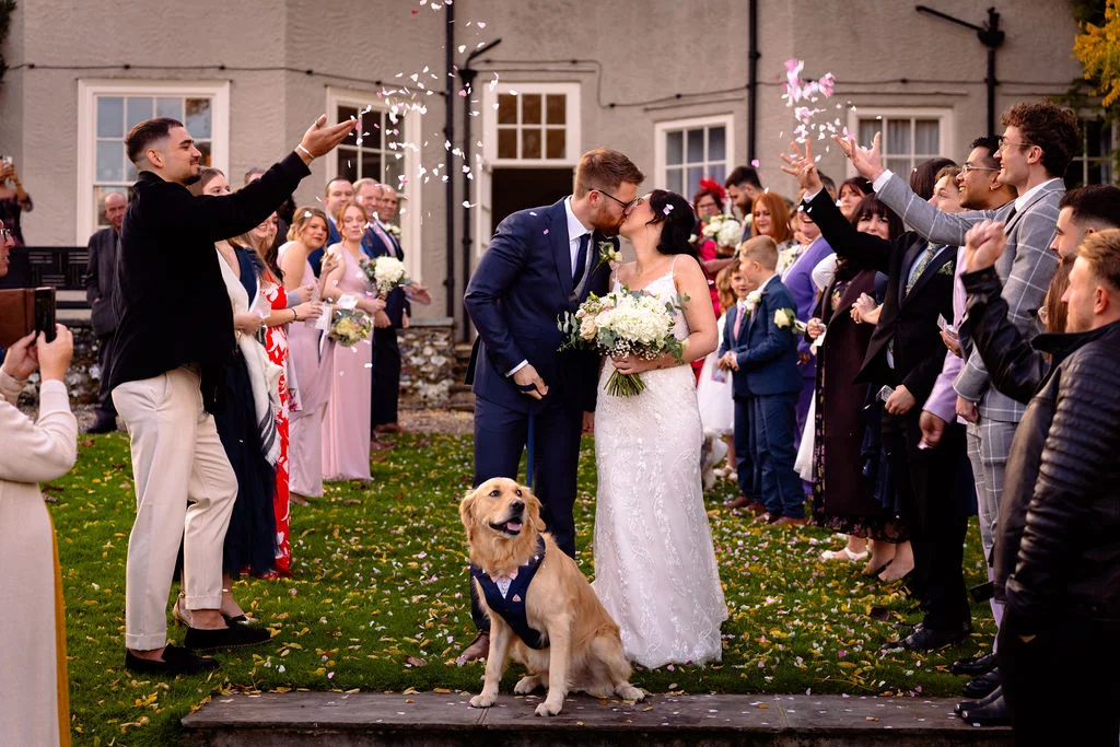 Newlyweds share a romantic kiss as cheerful guests shower them with confetti on a lawn, while their golden retriever wearing a bow tie sits happily in the foreground.