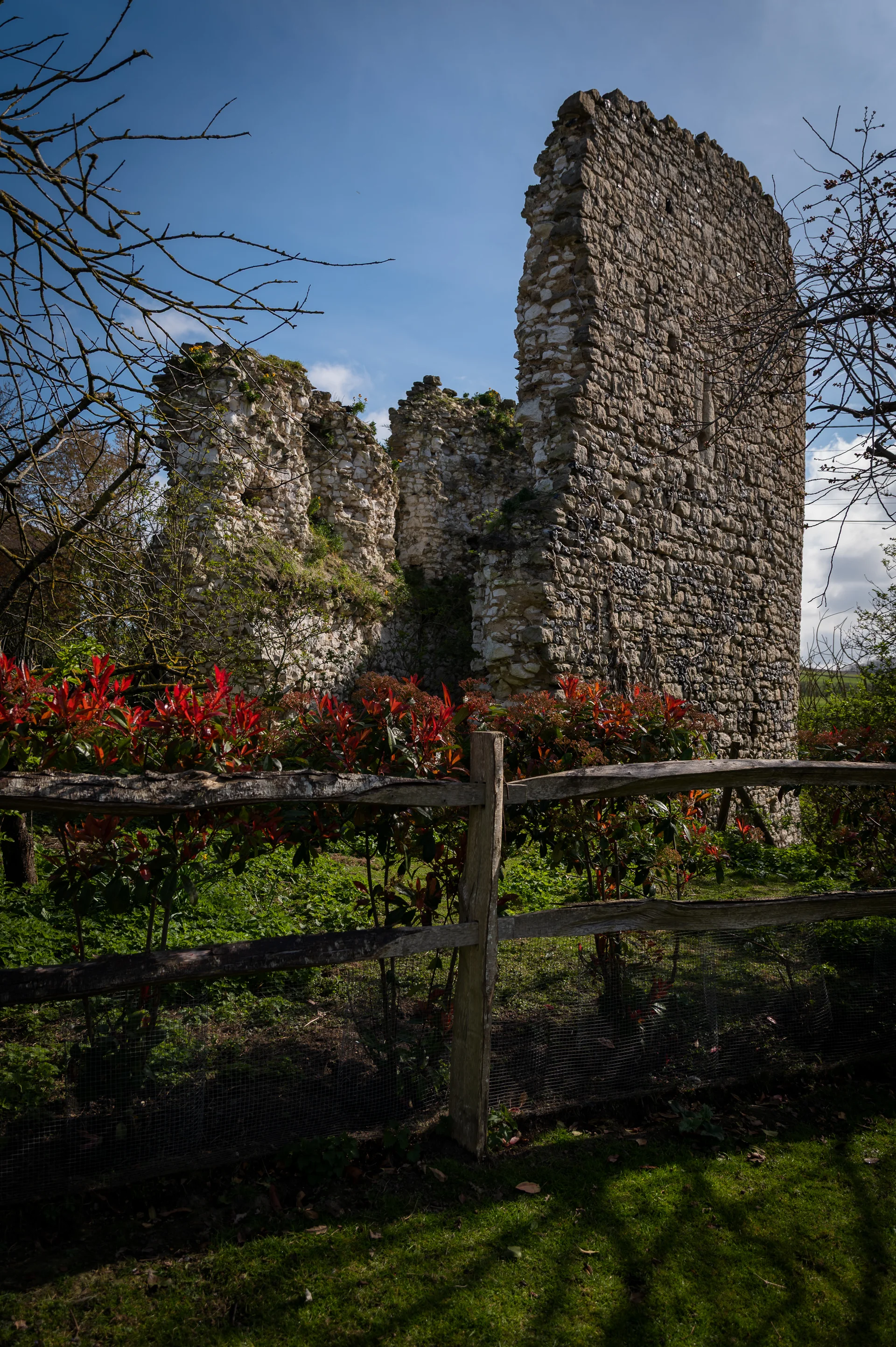 Ancient stone castle ruins stand against a bright blue sky, viewed behind a rustic wooden fence and vibrant green and red foliage.