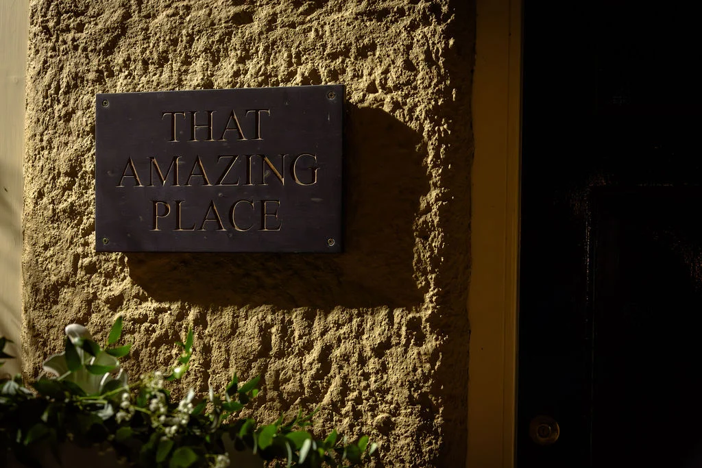 A close-up shot of a dark rectangular plaque reading 'That Amazing Place' mounted on a textured, sunlit stone wall next to a dark door.