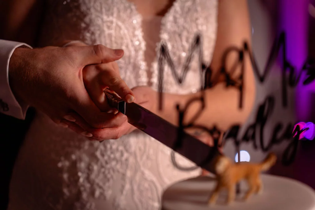 Newlyweds hold a knife together to cut their white tiered wedding cake featuring a custom acrylic topper and a miniature dog figurine.
