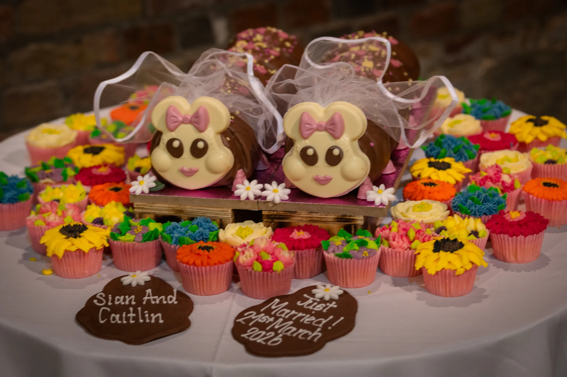 Two novelty caterpillar wedding cakes wearing white veils and pink bows are displayed on a table surrounded by colourful cupcakes and personalised chocolate plaques.