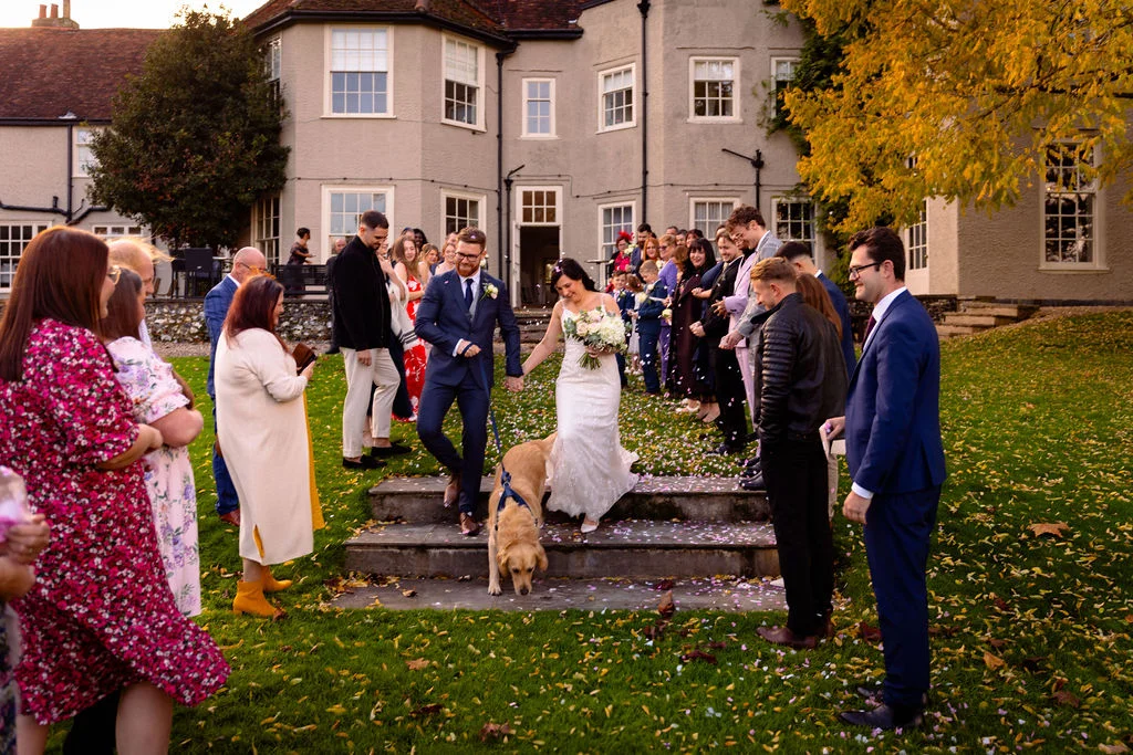 Newlyweds walk down stone steps outside a country house during their autumn wedding, accompanied by their golden retriever while guests throw confetti.