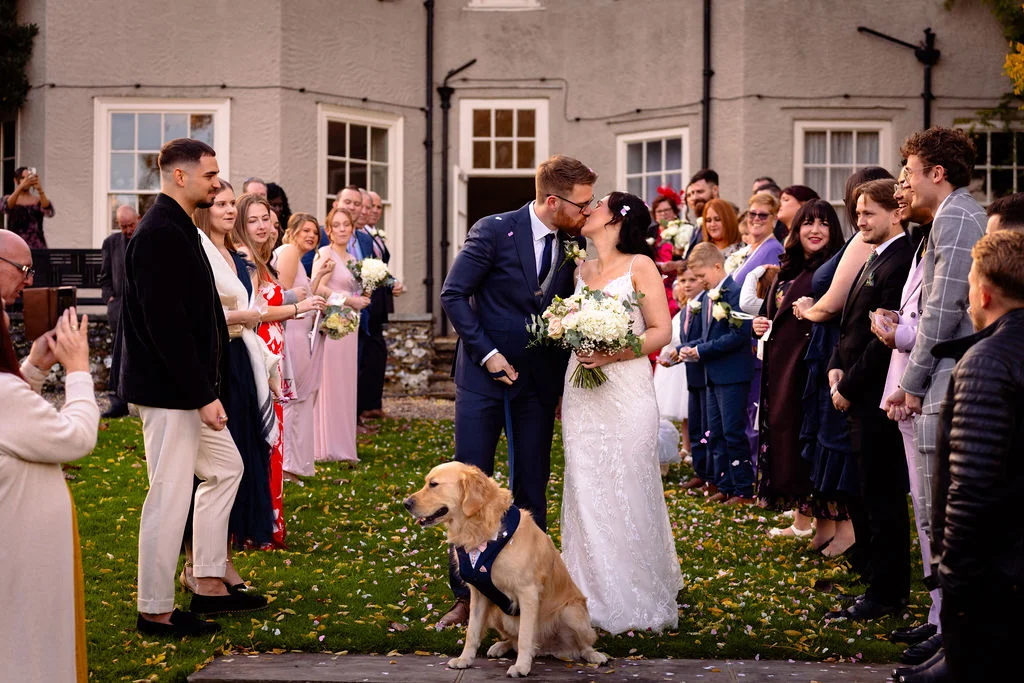 A newlywed couple shares a passionate kiss during their confetti exit in front of a grand country house, accompanied by a golden retriever wearing a bow tie.