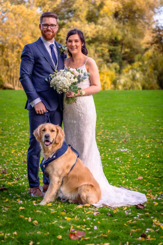 A newlywed couple poses proudly on a lush green lawn scattered with autumn leaves, accompanied by their golden retriever wearing a blue harness.