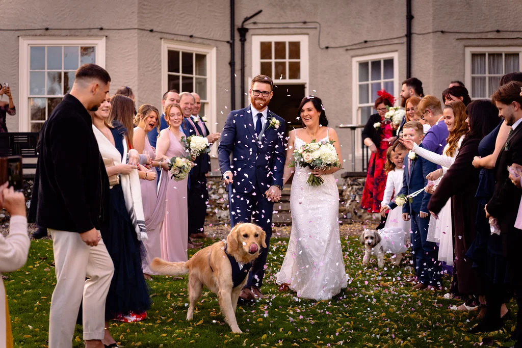 Newlyweds walk hand in hand through a joyful confetti exit outside a country house, accompanied by their golden retriever wearing a bow tie.