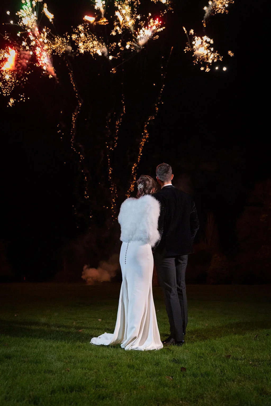 A newlywed couple stand on a grassy lawn at night, seen from behind as they watch a spectacular fireworks display light up the dark sky.