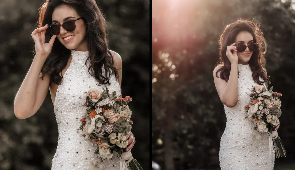 Two pictures of a woman wearing sunglasses and holding a bouquet.