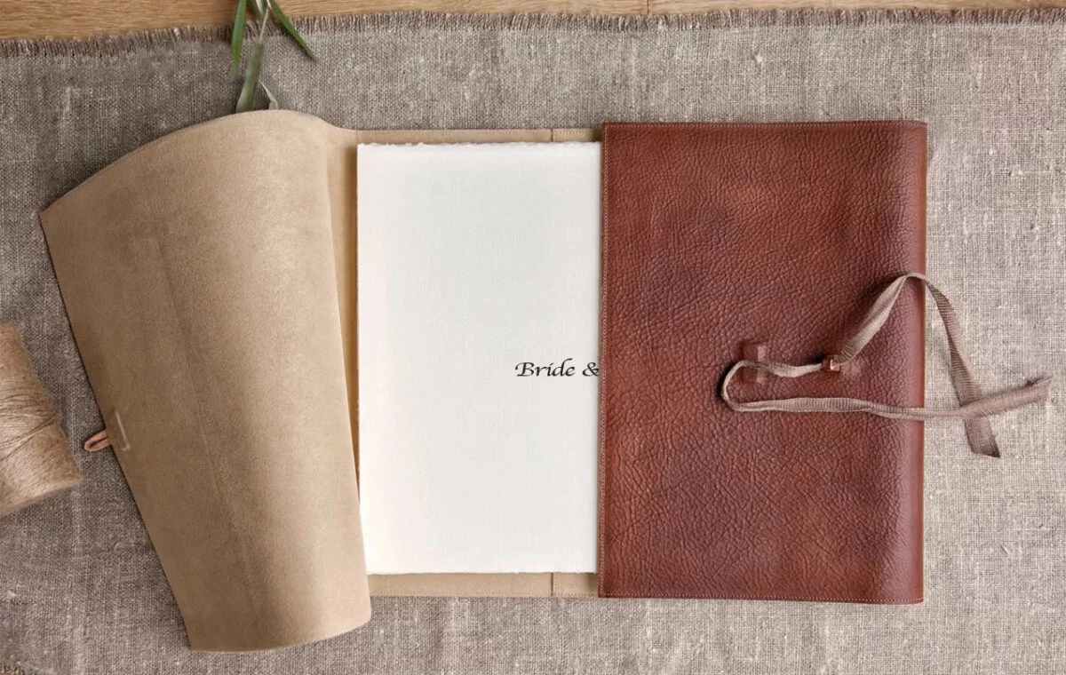 A brown leather book with a notepad on top.
