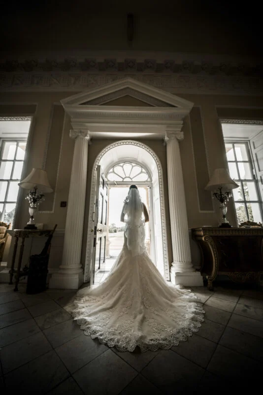 A bride is standing in the doorway of an ornate room.