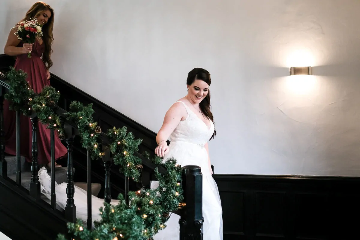 bride-stairs-swynford-manor-six-mile-bottom-wedding