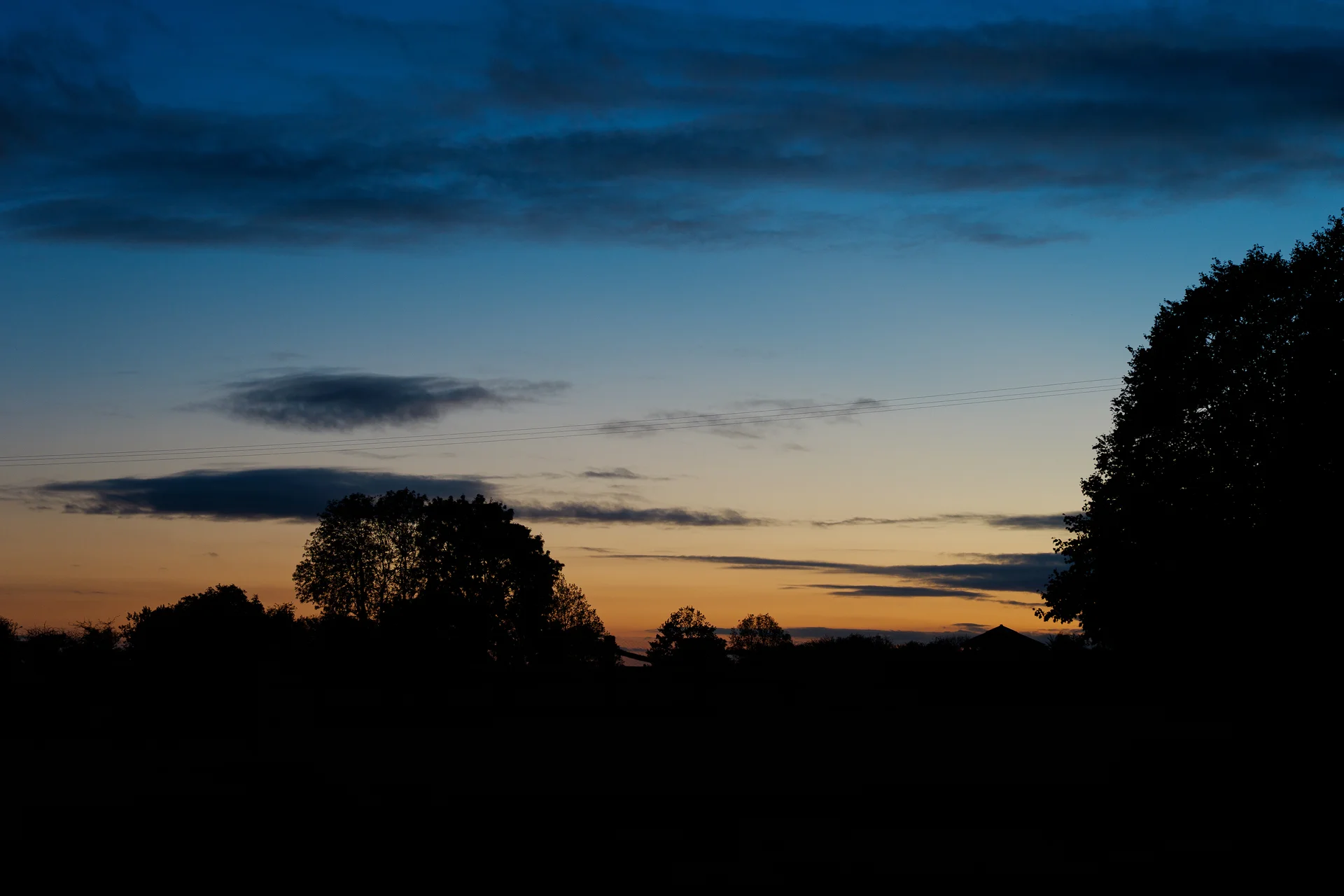 A dramatic blue hour and sunset sky provides a moody backdrop for a silhouette landscape view during an evening wedding.