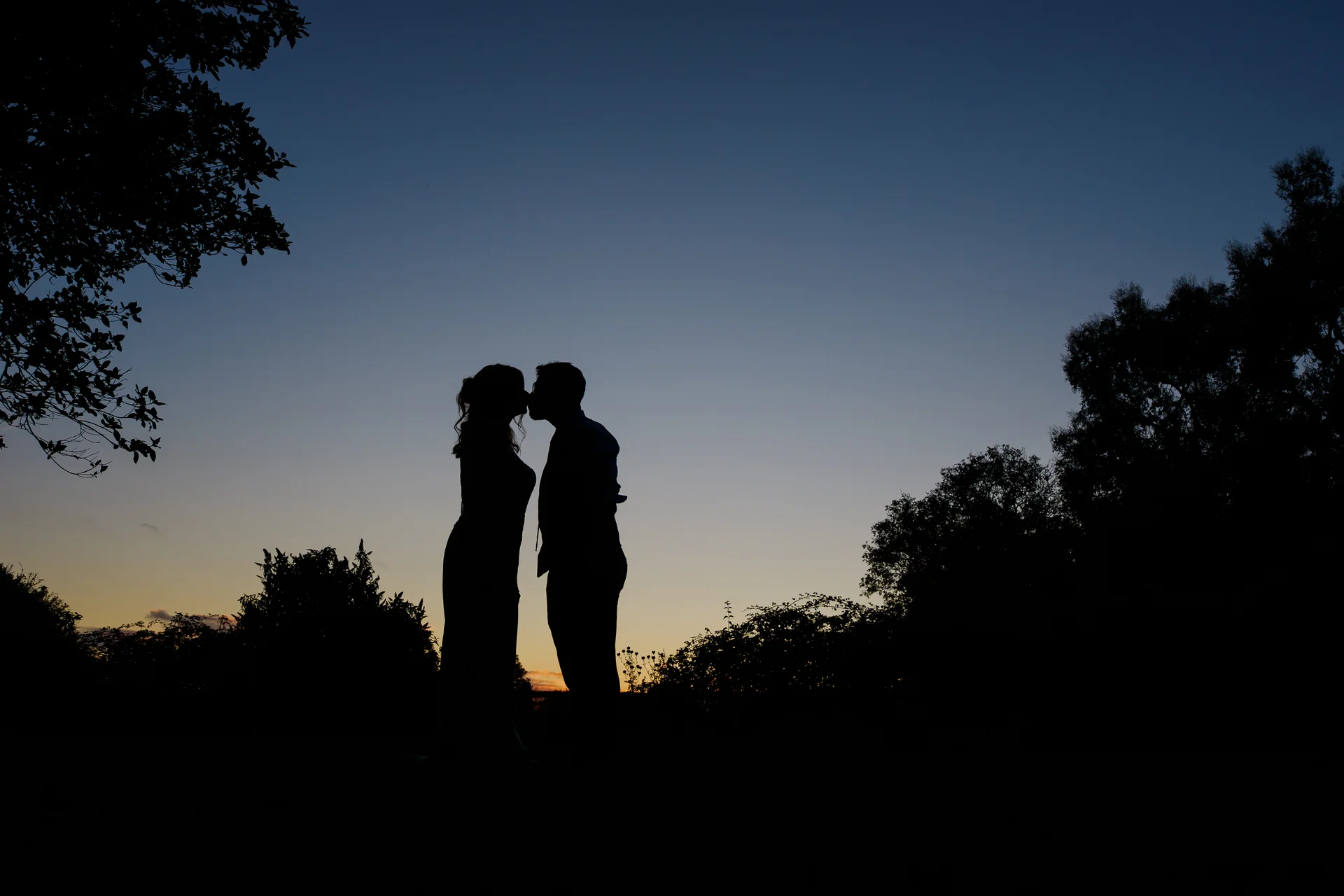 A romantic silhouette of the bride and groom kissing against a twilight sky framed by dark tree lines during blue hour.