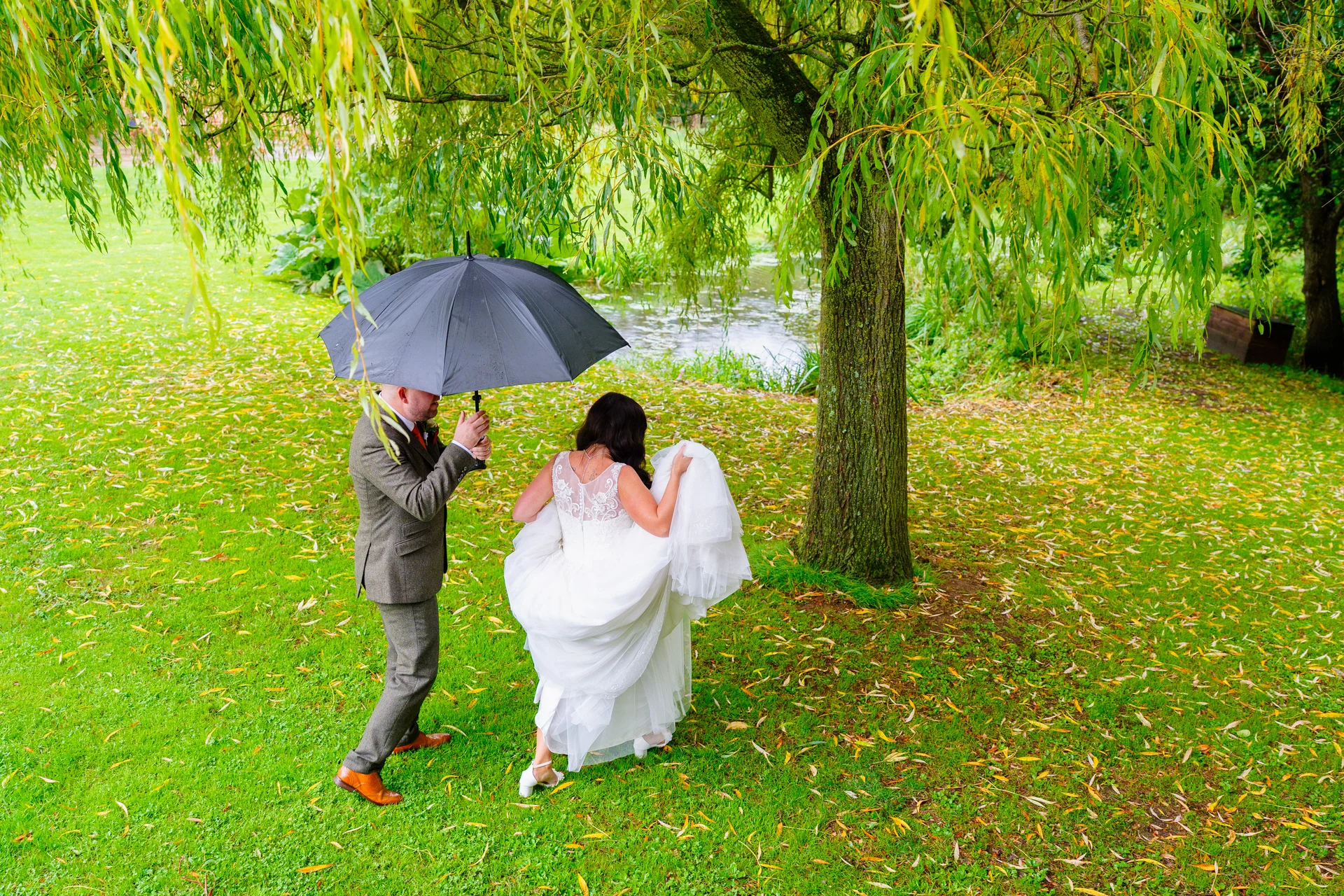 A newlywed couple walks across a lush green lawn beneath a weeping willow tree, sheltered by a black umbrella while scattered autumn leaves cover the ground.