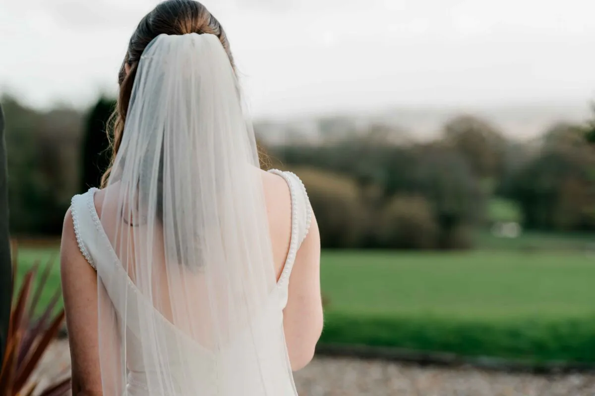 A bride viewed from behind wearing a white dress with a v-shaped low back and a sheer veil, looking out over a scenic landscape with rolling green hills.