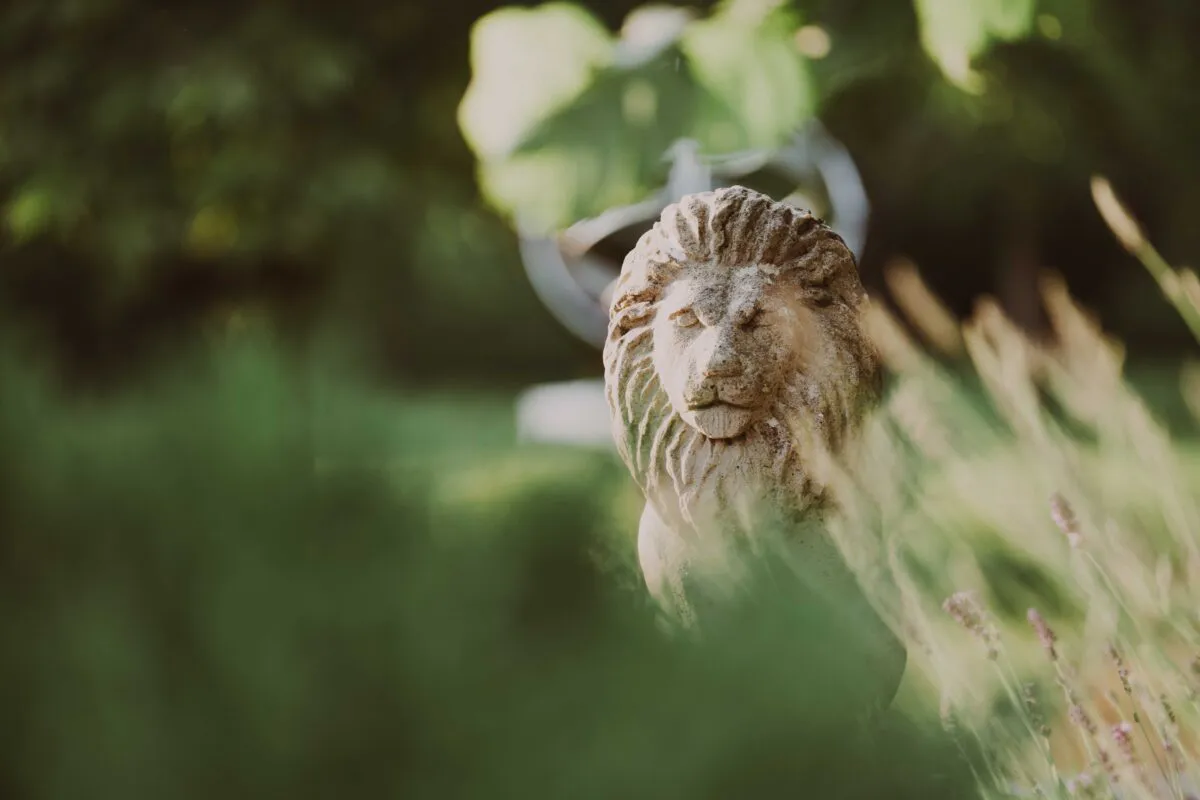 A stone lion statue stands nestled amongst lush green garden foliage bathed in warm golden sunlight.