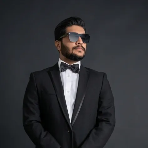 A stylish groom wearing a classic black tuxedo, white shirt, black bow tie, and sunglasses poses against a dark background.