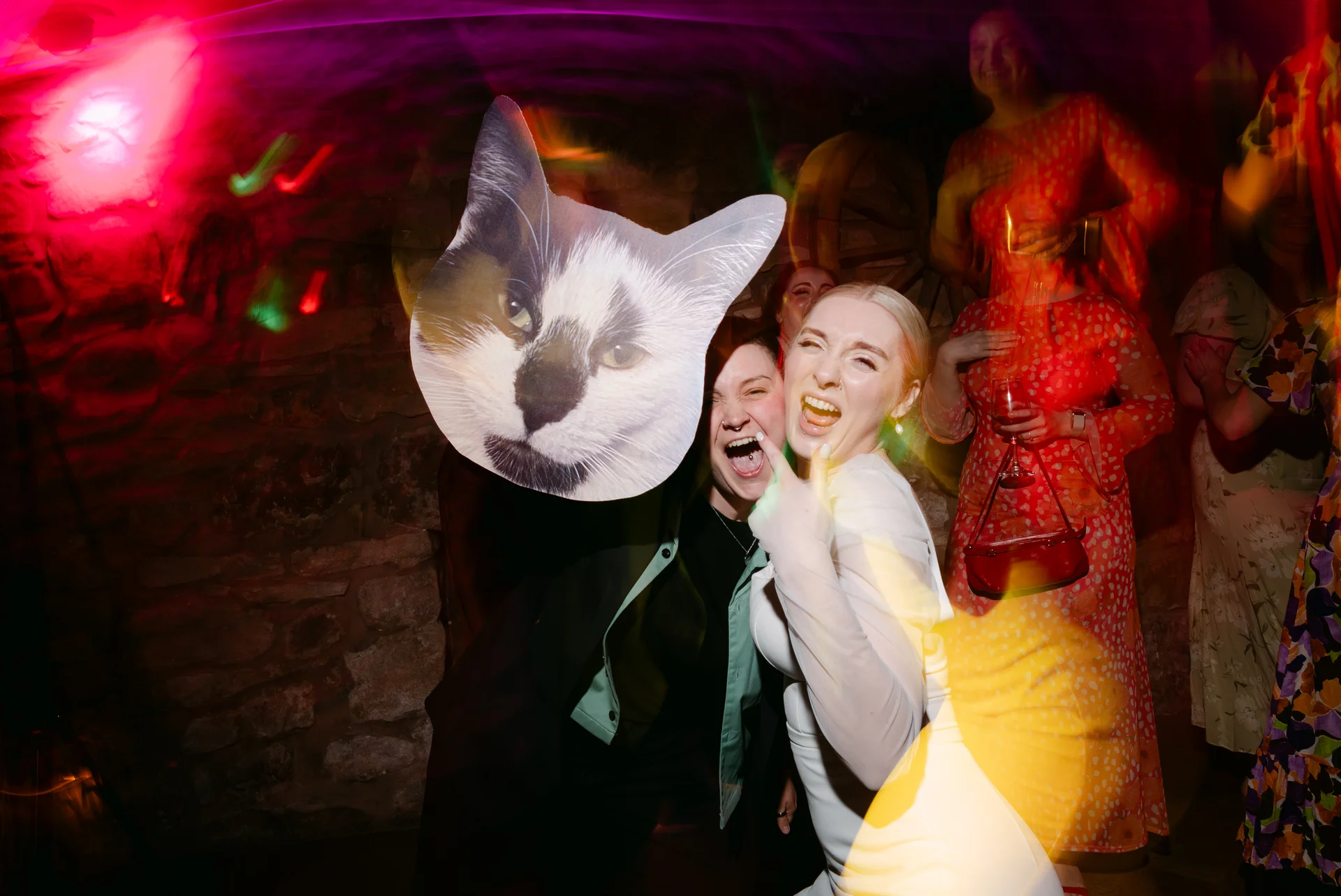 Wedding guests dancing and laughing energetically on the dance floor under bright red disco lighting, with one person holding up a large cutout of a cat face.