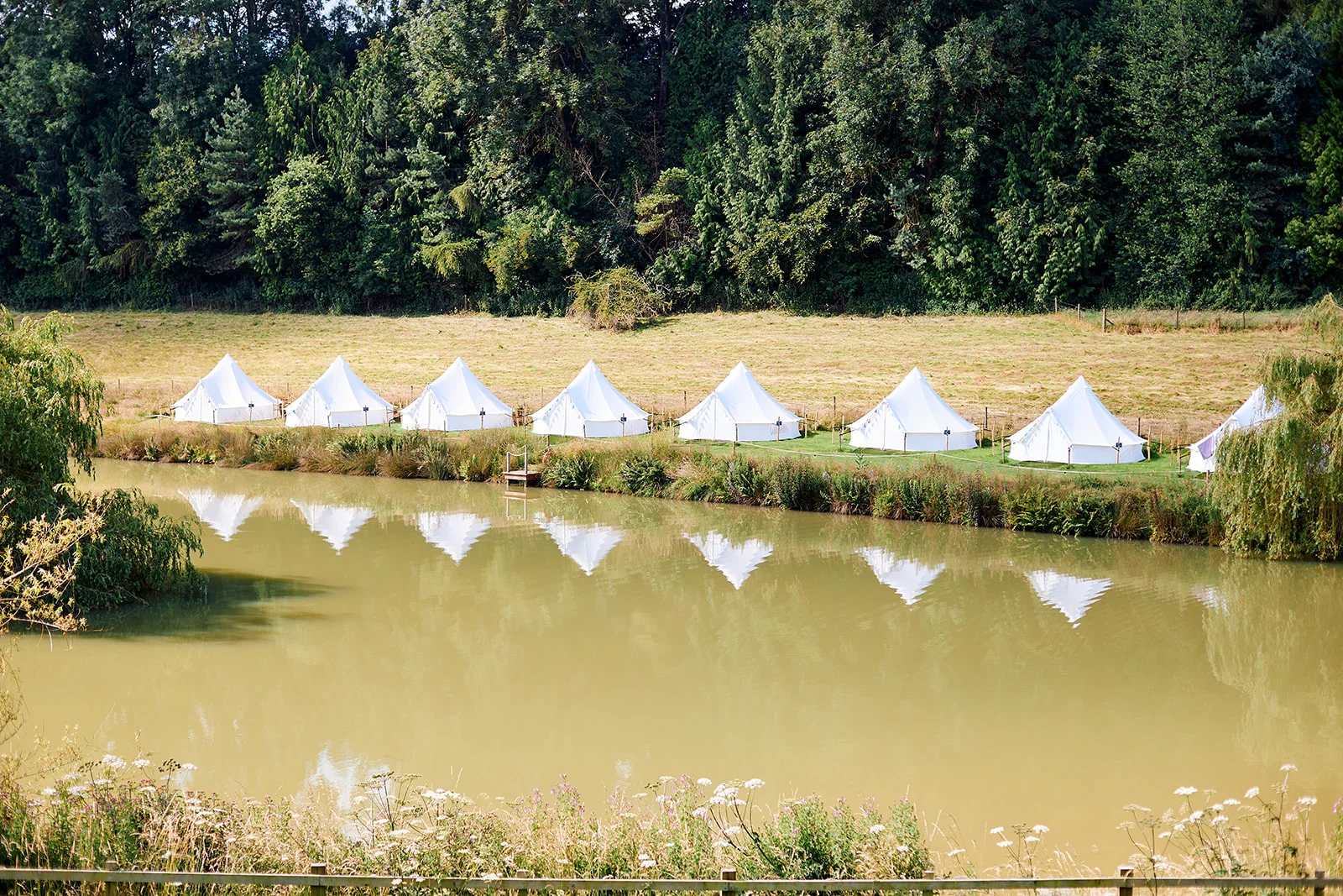 A line of white bell tent glamping accommodation is set up by a tranquil lake in front of a wooded hillside during a sunny summer wedding.