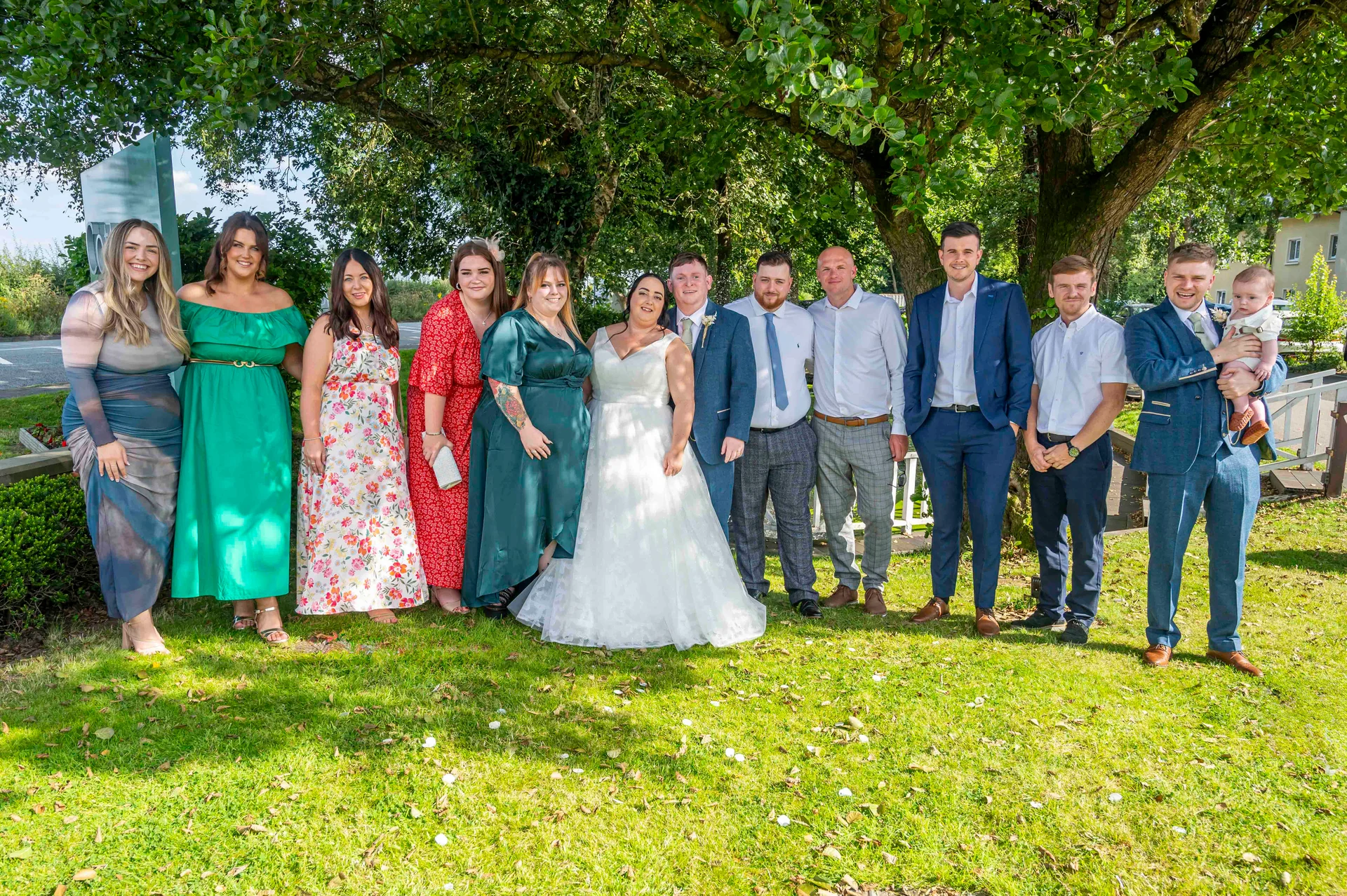 A large wedding party and family members pose together outdoors on a sunny lawn beneath a leafy tree.