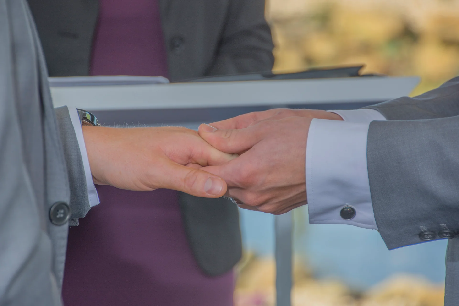 Two grooms in grey suits gently hold hands and exchange vows during a heartfelt wedding ceremony.