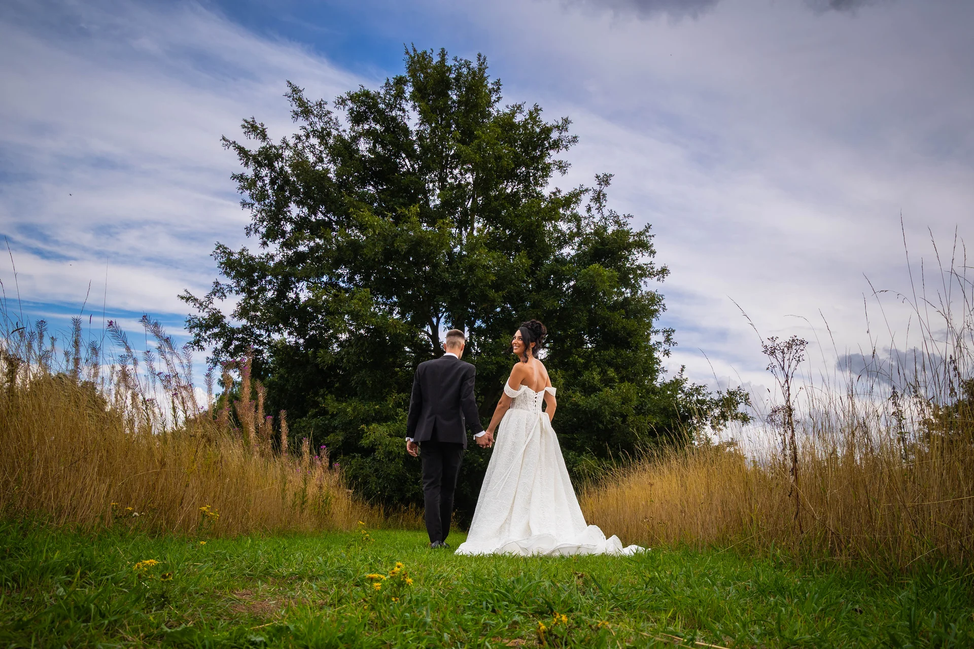 A newlywed couple holds hands and walks through a lush meadow framed by tall grass and an ancient tree under a cloudy blue sky.